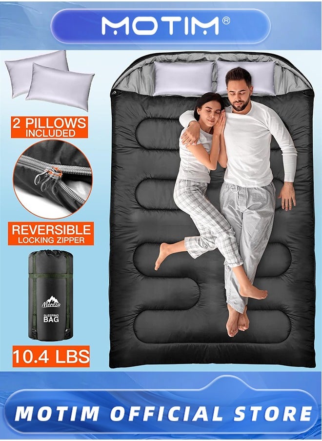 Motim Double Sleeping Bag, Cold Weather Queen-Size Sleeping Bag with 2 Pillows for Adults 2 Person Sleeping Bag for Family Camping,Compression Sack Included Black  - Image 2