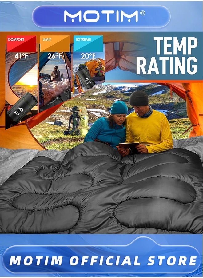 Motim Double Sleeping Bag, Cold Weather Queen-Size Sleeping Bag with 2 Pillows for Adults 2 Person Sleeping Bag for Family Camping,Compression Sack Included Black  - Image 4