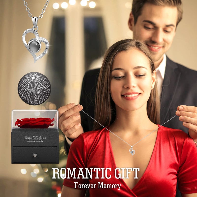NVRGIUP Preserved Real Rose with I Love You 100 Languages Heart Necklace Gifts Set for Women Eternal Rose Flower Gifts for Wife Girlfriend Mom Grandma in Valentines Day Mothers Day - Image 5