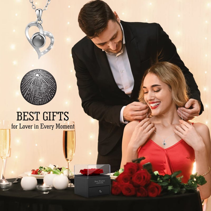 NVRGIUP Preserved Real Rose with I Love You 100 Languages Heart Necklace Gifts Set for Women Eternal Rose Flower Gifts for Wife Girlfriend Mom Grandma in Valentines Day Mothers Day - Image 4