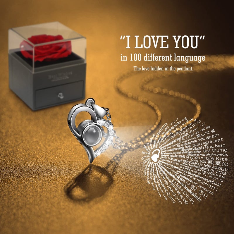 NVRGIUP Preserved Real Rose with I Love You 100 Languages Heart Necklace Gifts Set for Women Eternal Rose Flower Gifts for Wife Girlfriend Mom Grandma in Valentines Day Mothers Day - Image 2