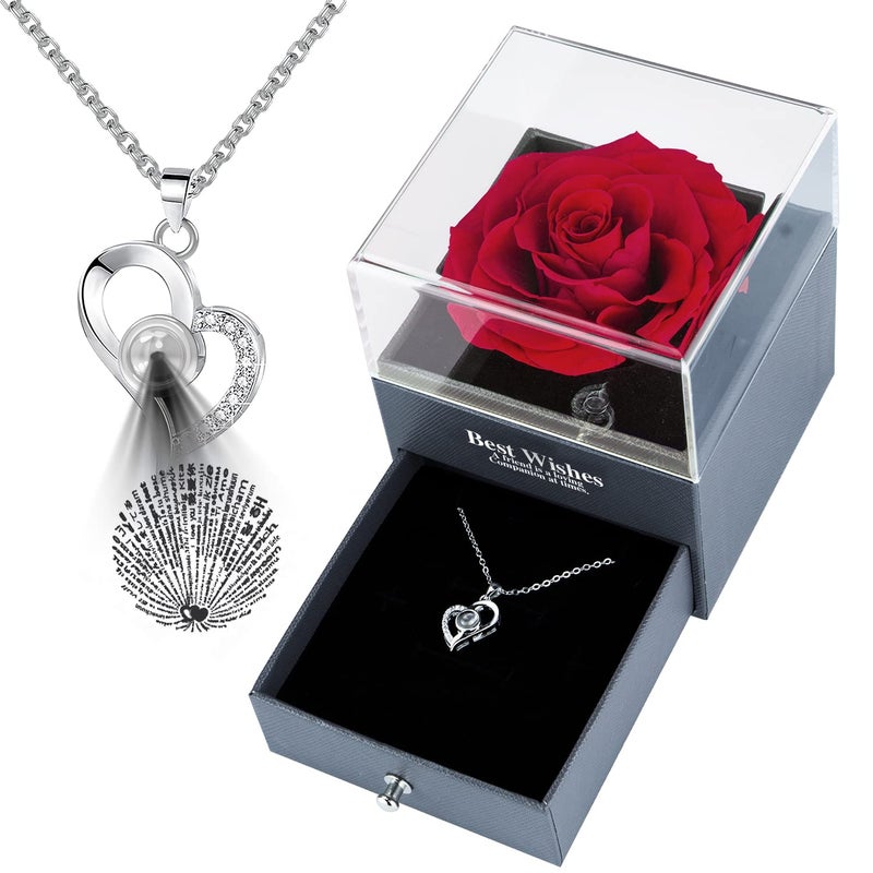 NVRGIUP Preserved Real Rose with I Love You 100 Languages Heart Necklace Gifts Set for Women Eternal Rose Flower Gifts for Wife Girlfriend Mom Grandma in Valentines Day Mothers Day - Image 1
