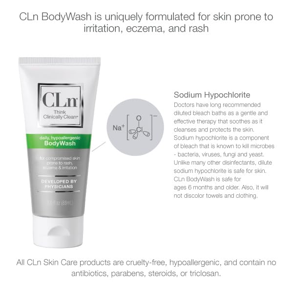 cln غسول الجسم CLn® – غسول جسم غير مجفف محفوظ بمادة هيبوكلوريت الصوديوم، للبشرة المتضررة المعرضة للإكزيما، التهاب الجلد، الطفح الجلدي و التهاب الغدد العرقية القيحي، خالي من العطور و البارابين، 3 أونصات سائلة - Image 3