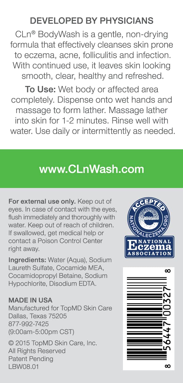 cln غسول الجسم CLn® – غسول جسم غير مجفف محفوظ بمادة هيبوكلوريت الصوديوم، للبشرة المتضررة المعرضة للإكزيما، التهاب الجلد، الطفح الجلدي و التهاب الغدد العرقية القيحي، خالي من العطور و البارابين، 3 أونصات سائلة - Image 2