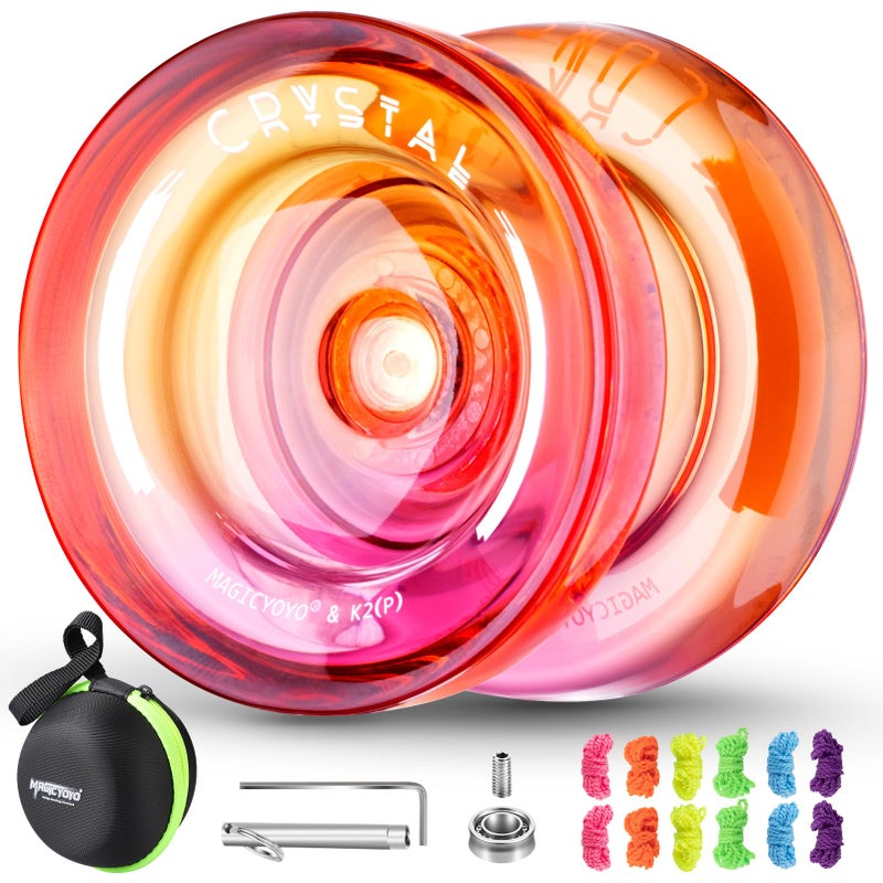 MAGICYOYO K2 Crystal Yoyo Professional Responsive Yoyo for Beginner, Double Colors Plastic Yo-Yo, Dual Trick Yo Yo with 12 Yo-yo Strings, Case Bag + Accessory Kit (Pink + Orange Gradient) - Image 1