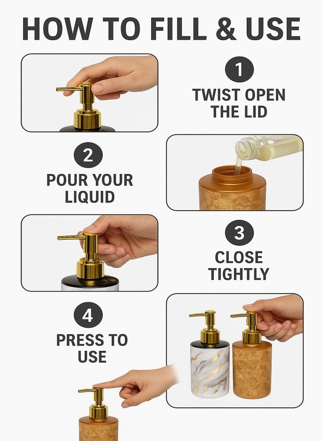 LAGET® 300ml Soap Dispenser for Wash Basin - White Brown Golden Print | Kitchen and Bathroom Accessories Items | Refillable Handwash Dispenser Bottle- Set of 2 - Image 4