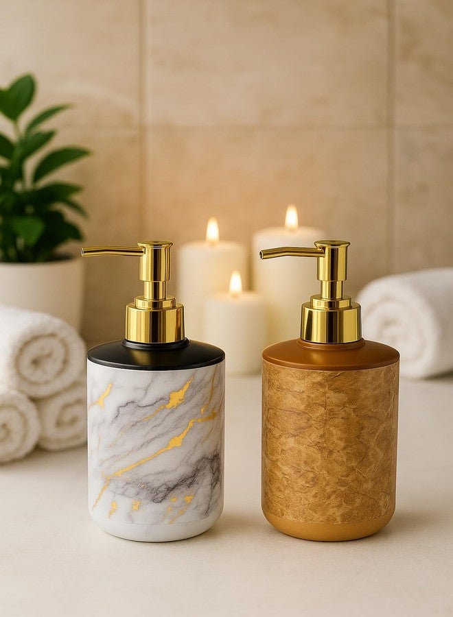 LAGET® 300ml Soap Dispenser for Wash Basin - White Brown Golden Print | Kitchen and Bathroom Accessories Items | Refillable Handwash Dispenser Bottle- Set of 2 - Image 1