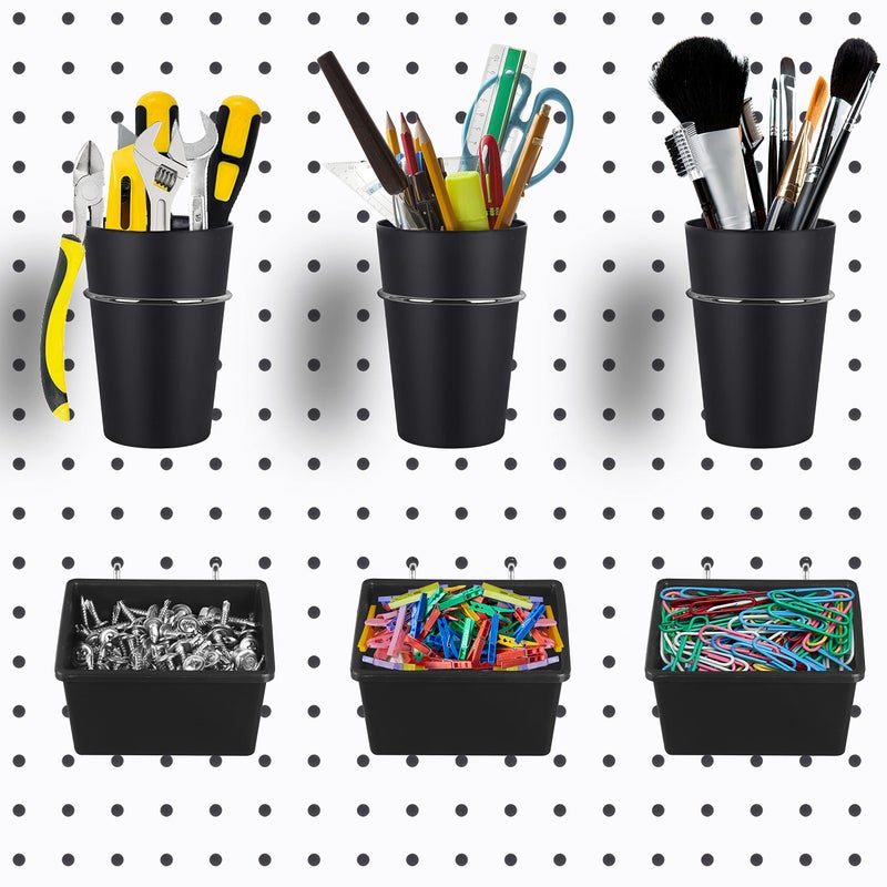Kuhome 6 Sets Pegboard Bins with Hooks - Pegboard Organizer for Accessories, Tools, Storage - Office, Workshop, Garage - Black - Image 1