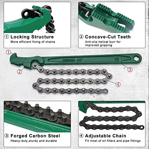 boeray 12 Inch Heavy-Duty Ratcheting Chain Wrench Reversible Oil Filter Tool Pipe Fittings Tools Fit Max 6 Inch Diameter - Image 3