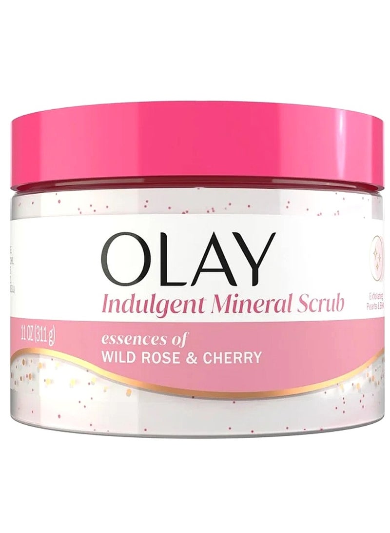 Olay Indulgent Mineral Scrub, Skin Exfoliating & Massaging Pearls, Renewing BHA, Vitamin B3 Complex, Essences of Wild Rose & Cherry Creme Scent, 11 oz - Image 1
