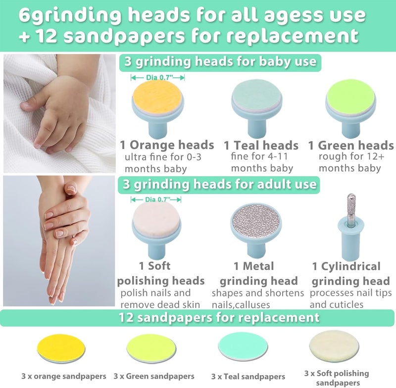 Consevisen Baby Nail Trimmer Electric Nail File Baby Nail Clippers, Safe Nail Filer Grinder Kit for Newborn Infant Toddler Kids or Adults Toes Fingernails Care Trim Polish, with Led Light and 10 Grinding Heads - Image 2