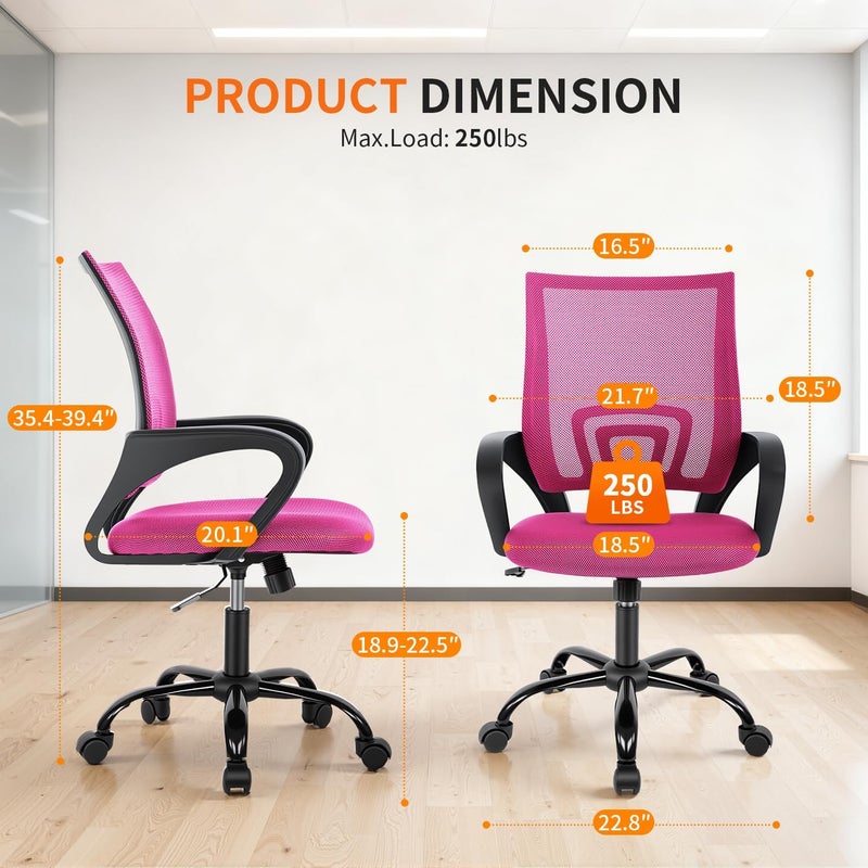 BestOffice Ergonomic Office Desk Chair - Mesh Computer Chair With Back Support, Modern Executive Task Rolling Swivel Seat for Women, Men (Pink) - Image 3
