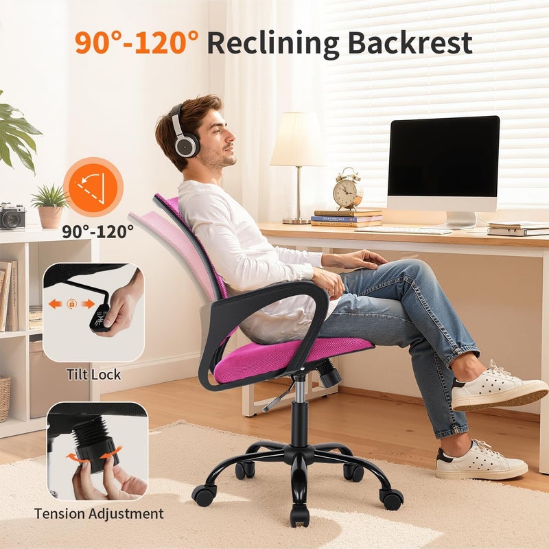 BestOffice Ergonomic Office Desk Chair - Mesh Computer Chair With Back Support, Modern Executive Task Rolling Swivel Seat for Women, Men (Pink) - Image 5