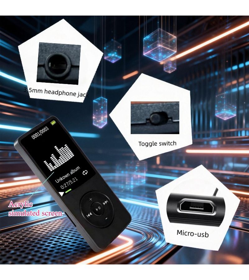 مشغل MP3 أسود مع سماعات رأس وكابل شحن، محمول وصغير لتشغيل الموسيقى والكتب الصوتية - Image 4