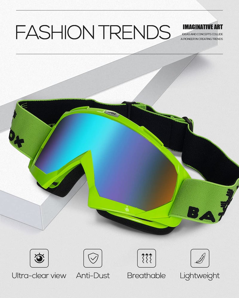 BATFOX Motorcycle Glasses Goggles Dirt Bike Motocross Safety ATV Tactical Riding (Green-green, Adult) - Image 2