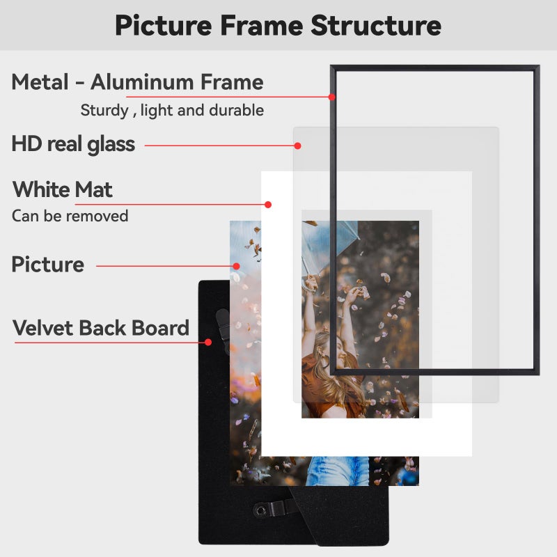 BKABOT 6x9 Picture Frame, Black Aluminum Metal Photo Frames with HD Glass, Fits 5x7 with Mat or 6 x 9 without Mat, Display for Wall and Table - Image 4