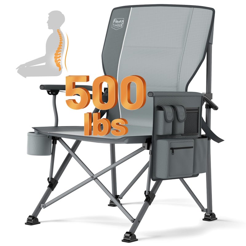 TIMBER RIDGE Oversized Folding Camping Chair with Lumbar Support Adjustable High Back Heavy Duty for Adults Support up to 500lbs with Cup Holder Cooler Bag Side Pocket Grey