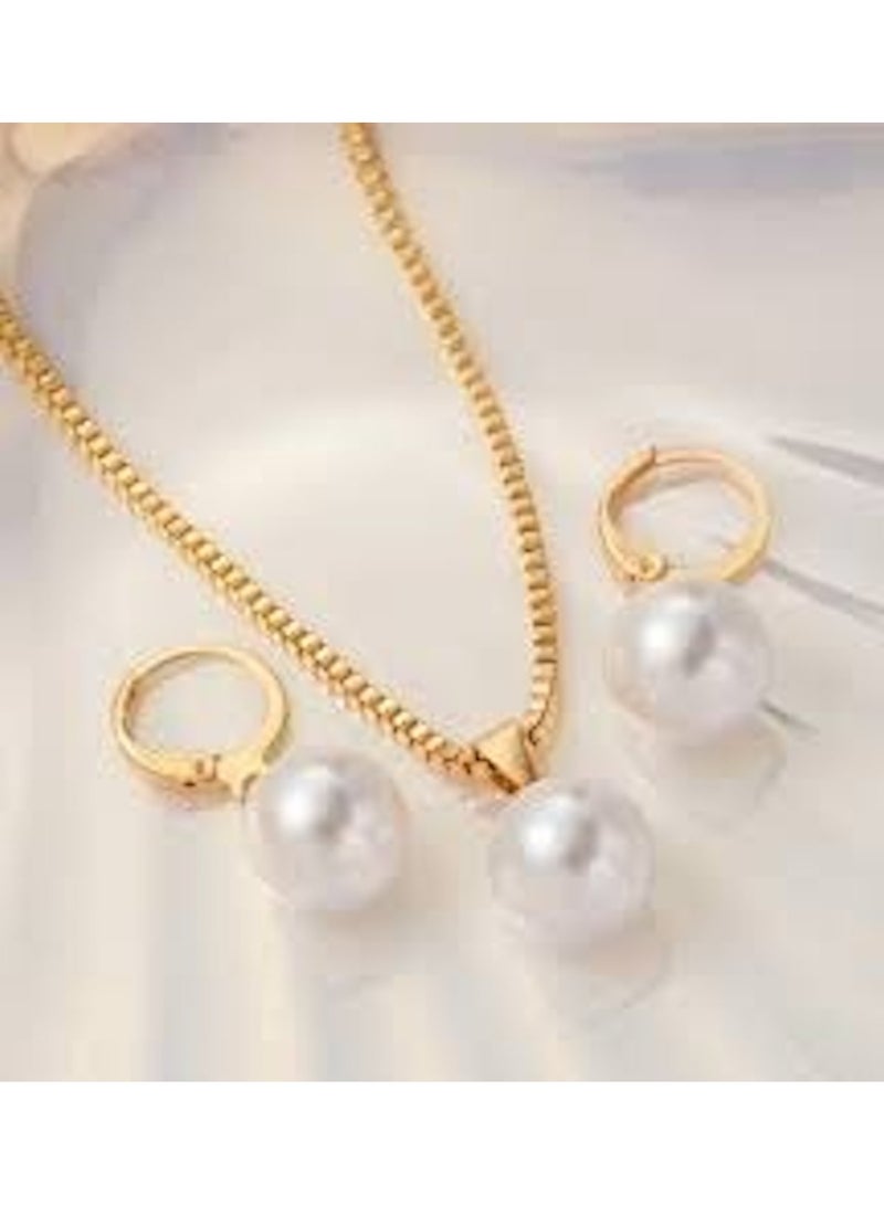Huitich Elegant Pearl Pendant Necklace & Earrings Set – Gold Colour Tone Alloy - Image 2