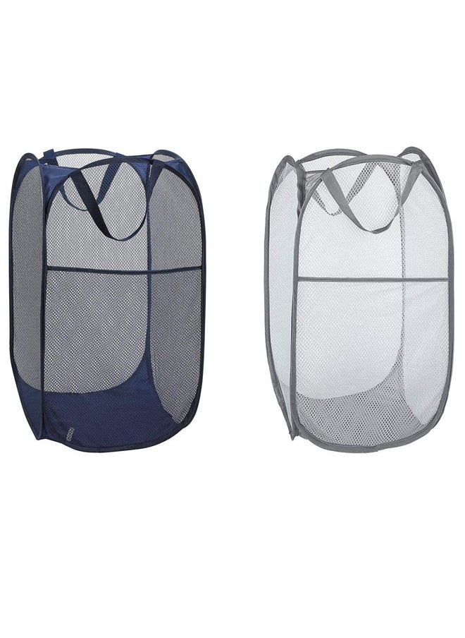 GUSGU - 2pcs Mesh Pop-up Laundry Hamper, Collapsible Laundry Basket with Durable Handles&Side Pocket High Carbon Steel Frame, Foldable Pop-Up Laundry Bags for Home College Dorm or Travel Storage Blue&Grey - Image 1