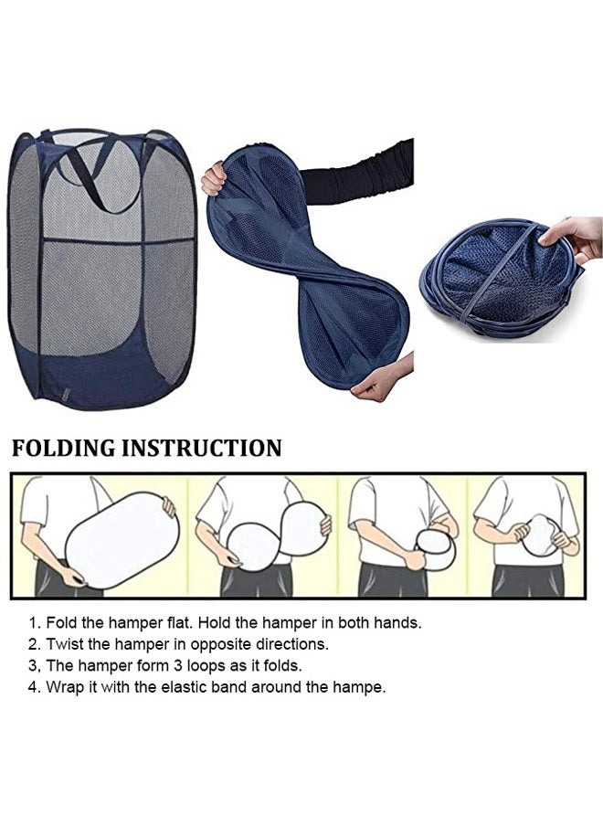 GUSGU - 2pcs Mesh Pop-up Laundry Hamper, Collapsible Laundry Basket with Durable Handles&Side Pocket High Carbon Steel Frame, Foldable Pop-Up Laundry Bags for Home College Dorm or Travel Storage Blue&Grey - Image 1