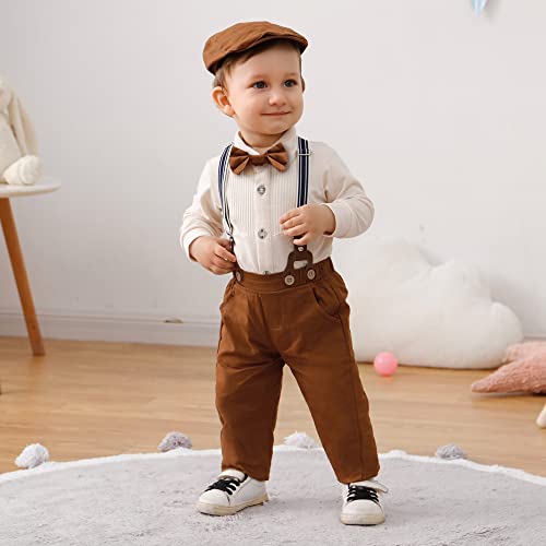YUEMION Baby Boy Clothes Set Infant Tuxedo Long Sleeve Gentleman Suit Outfits + Beret Hat + Suspender Pants + Bowtie(L Beige - long sleeve, 6-12 Months) - Image 3