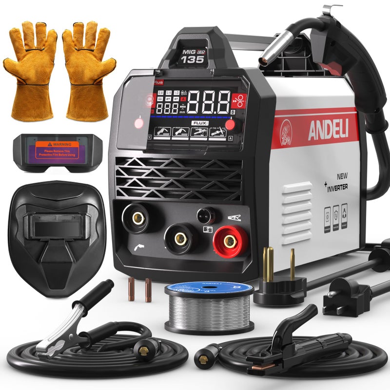 ANDELI 135A MIG Welder 110V/220V, 4-in-1 PULSE Flux Core MIG/Lift Tig/Stick Gasless MIG Welding Machine with Synergyï¼ŒLarge LED Display,2T/4T Full Kit (Bonus Welding Helmet & Gloves) - Image 1