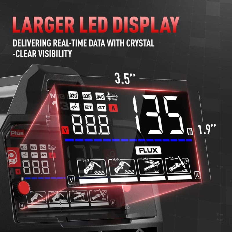 ANDELI 135A MIG Welder 110V/220V, 4-in-1 PULSE Flux Core MIG/Lift Tig/Stick Gasless MIG Welding Machine with Synergyï¼ŒLarge LED Display,2T/4T Full Kit (Bonus Welding Helmet & Gloves) - Image 5