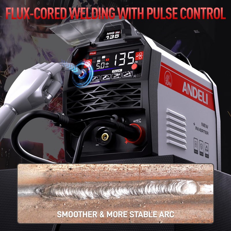 ANDELI 135A MIG Welder 110V/220V, 4-in-1 PULSE Flux Core MIG/Lift Tig/Stick Gasless MIG Welding Machine with Synergyï¼ŒLarge LED Display,2T/4T Full Kit (Bonus Welding Helmet & Gloves) - Image 2