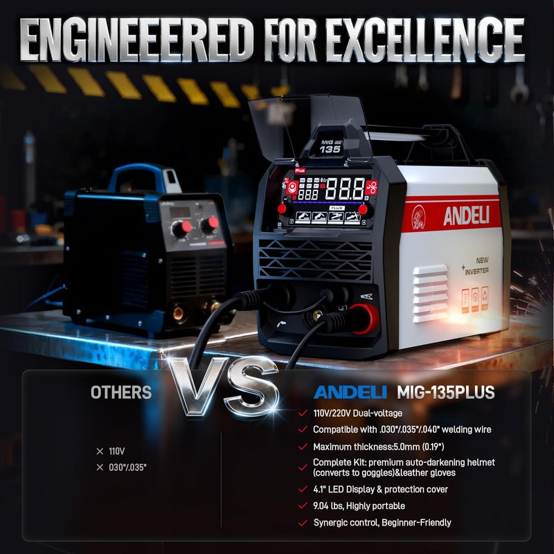 ANDELI 135A MIG Welder 110V/220V, 4-in-1 PULSE Flux Core MIG/Lift Tig/Stick Gasless MIG Welding Machine with Synergyï¼ŒLarge LED Display,2T/4T Full Kit (Bonus Welding Helmet & Gloves) - Image 3