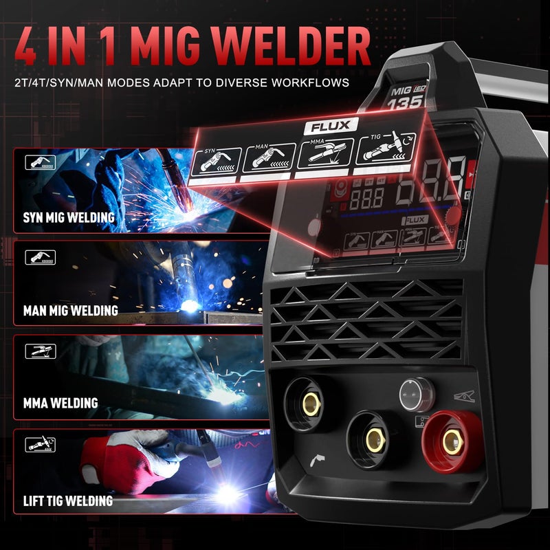 ANDELI 135A MIG Welder 110V/220V, 4-in-1 PULSE Flux Core MIG/Lift Tig/Stick Gasless MIG Welding Machine with Synergyï¼ŒLarge LED Display,2T/4T Full Kit (Bonus Welding Helmet & Gloves) - Image 4