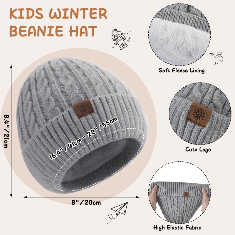 Tavaleu Kids Winter Hat Gloves Scarf Set - 3 Pcs Boys Girls Winter Beanie Sets 8-15 Years Warm Beanie Fleece Lined Knitted Hats Grey - Image 3