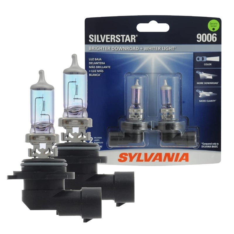 سيلفانيا - 9006ST. BP2 - 9006 SilverStar - لمبة أمامية هالوجين عالية الأداء، لمبة بديلة للضوء العالي، الضوء المنخفض والضباب، أكثر سطوعا في الاتجاه السفلي مع إضاءة أكثر بياضا (تحتوي على مصباحين)