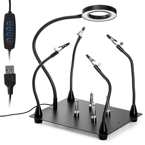 WUWEOT Helping Hands Soldering Clamp Station, 6X LED Magnifying Lamp, Moveable 4 Magnetic PCB Holder, Flexible Metal Arms, Non-slip Weighted Base, Third Hand Tool for Electronic Repair Crafts Jewelry - Image 1