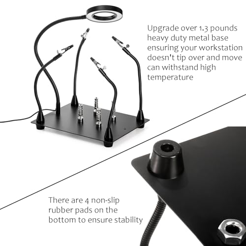 WUWEOT Helping Hands Soldering Clamp Station, 6X LED Magnifying Lamp, Moveable 4 Magnetic PCB Holder, Flexible Metal Arms, Non-slip Weighted Base, Third Hand Tool for Electronic Repair Crafts Jewelry - Image 5