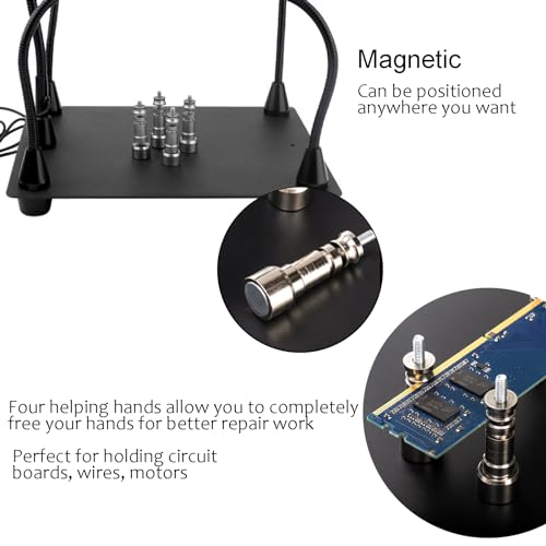 WUWEOT Helping Hands Soldering Clamp Station, 6X LED Magnifying Lamp, Moveable 4 Magnetic PCB Holder, Flexible Metal Arms, Non-slip Weighted Base, Third Hand Tool for Electronic Repair Crafts Jewelry - Image 4