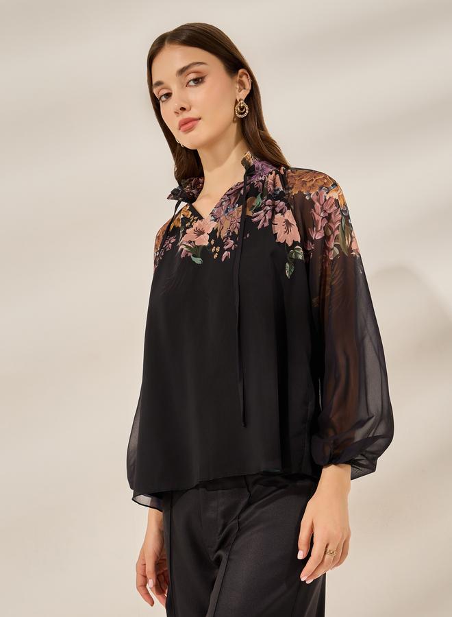 Styli Black Floral Print Long Sleeve Top - Image 3
