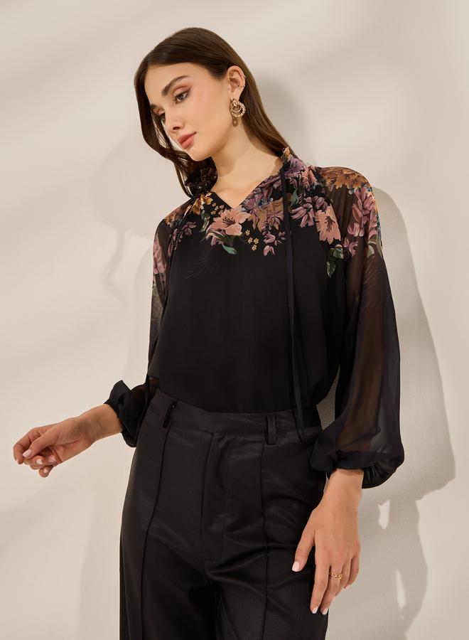 Styli Black Floral Print Long Sleeve Top - Image 1