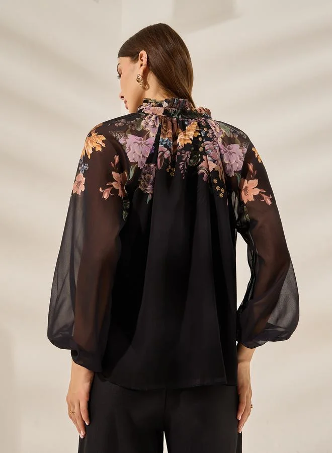 Styli  Black Floral Print Long Sleeve Top for Women | Best Price UAE