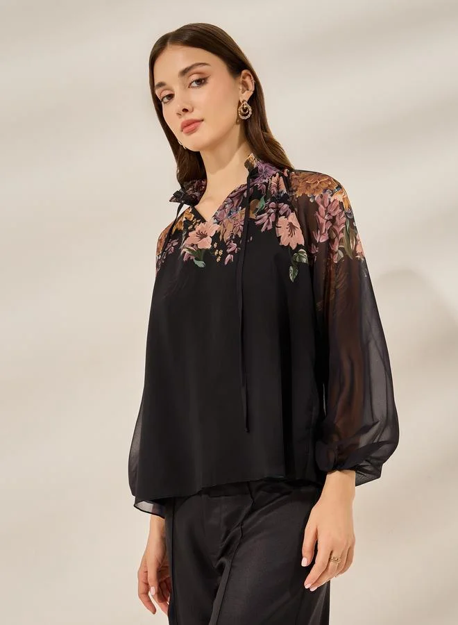 Styli  Black Floral Print Long Sleeve Top for Women | Best Price UAE