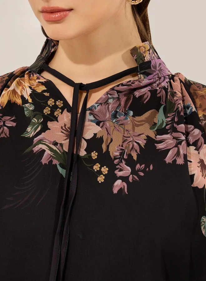 Styli  Black Floral Print Long Sleeve Top for Women | Best Price UAE