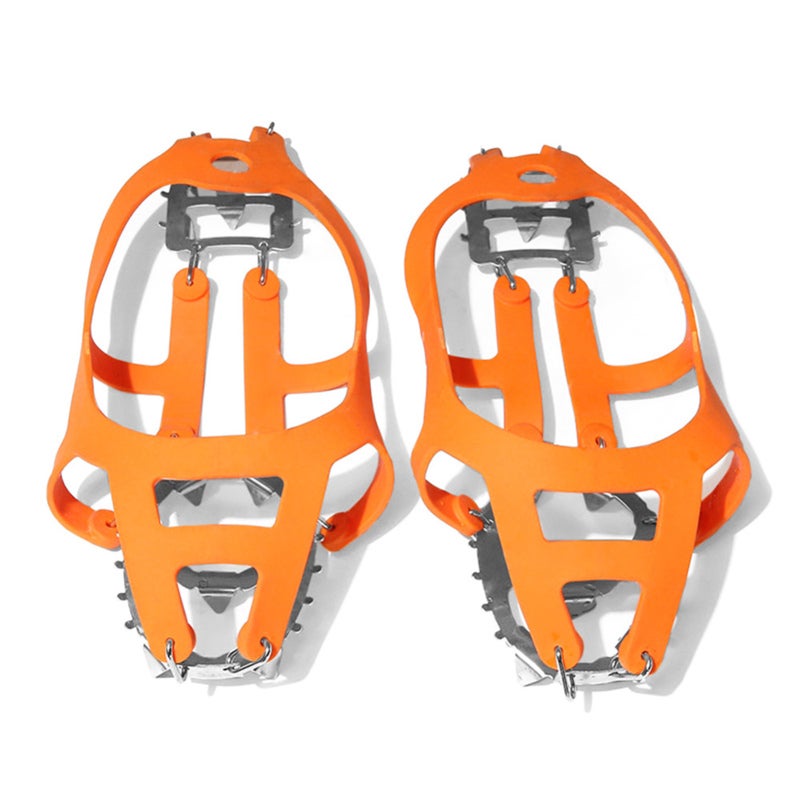 Ice Crampons: L Size Orange With 18 Stainless Steel Spikes Per Foot - Super Elastic Rubber Straps Secure Fit Traction Grip For Hiking Snow Walking Ice Climbing Outdoor Safety - Image 1