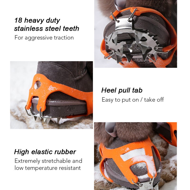 Ice Crampons: L Size Orange With 18 Stainless Steel Spikes Per Foot - Super Elastic Rubber Straps Secure Fit Traction Grip For Hiking Snow Walking Ice Climbing Outdoor Safety - Image 3