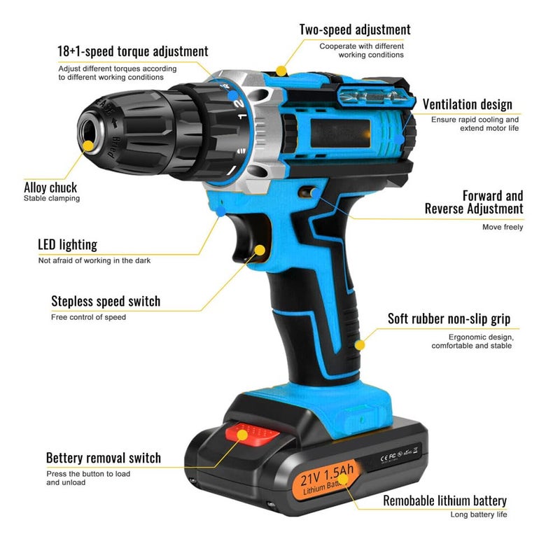 MLD MLD 10mm Brushless 21V Li-ion Cordless Drill Home Use DIY With 49pcs Extra Accessories Tool Kit & Screwdriver Socket Wrench Set JRE-220 (21v/1350 Rpm/ 49pcs Accessories/Multicolor)  - Image 2
