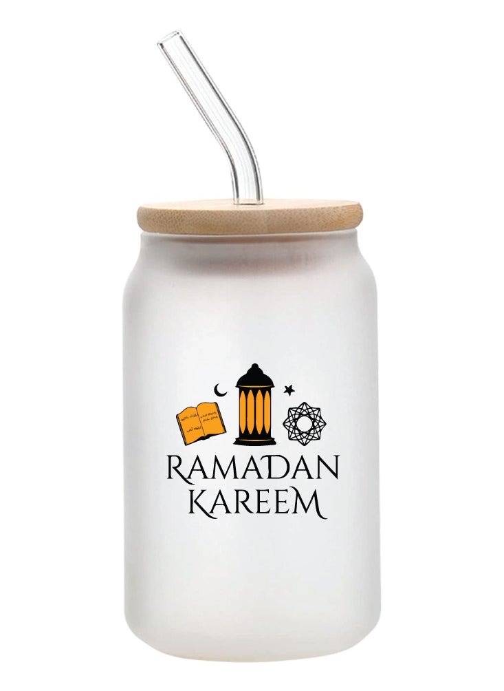 PRINTSHOP4ME Ramadan Kareem and Eid Mubarak Gift - Glass Bottle with Straw & Bamboo Lid 455 ml - Ramadan gift for all Islamic  - Image 1