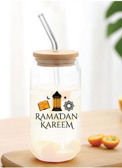 برينت شوب فور مي هدية رمضان كريم وعيد مبارك - زجاجة زجاجية بغطاء من القش وغطاء من الخيزران 455 مل - هدية رمضان لجميع المسلمين  - Image 3