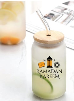 برينت شوب فور مي هدية رمضان كريم وعيد مبارك - زجاجة زجاجية بغطاء من القش وغطاء من الخيزران 455 مل - هدية رمضان لجميع المسلمين  - Image 2