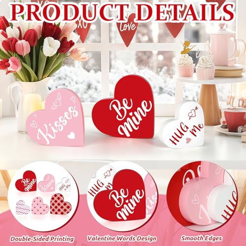 Sealmic 3 Pcs Valentine Decorations for Home Wooden Heart Decor Indoor Reversible Hearts Table Centerpiece Blocks Double Sided Printing Romantic Wood Tabletop Sign for Home Tiered Tray Office Desk Shelf Mantel Indoor Wedding Party - Image 3