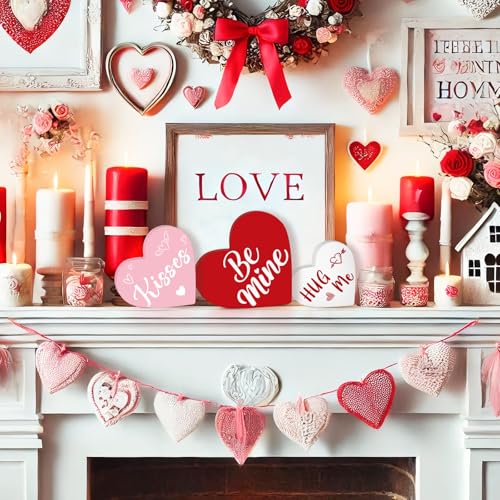 Sealmic 3 Pcs Valentine Decorations for Home Wooden Heart Decor Indoor Reversible Hearts Table Centerpiece Blocks Double Sided Printing Romantic Wood Tabletop Sign for Home Tiered Tray Office Desk Shelf Mantel Indoor Wedding Party - Image 5