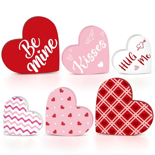 Sealmic 3 Pcs Valentine Decorations for Home Wooden Heart Decor Indoor Reversible Hearts Table Centerpiece Blocks Double Sided Printing Romantic Wood Tabletop Sign for Home Tiered Tray Office Desk Shelf Mantel Indoor Wedding Party - Image 1