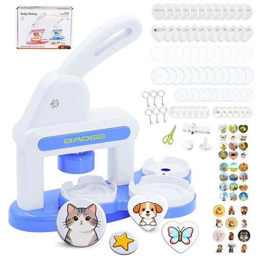 KEGOZ Button Maker Machine, 55mm & 35mm Badge Machine with 36 Pcs Button Parts, Stickers, Circle Cutter, Badge Making Kit, DIY Round/Heart Pin Badge Maker for Birthday Christmas Gifts (Blue) - Image 1